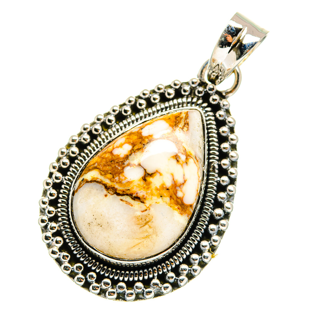 Teardrop wild horse jasper pendant with scalloped sterling silver frame and bail loop