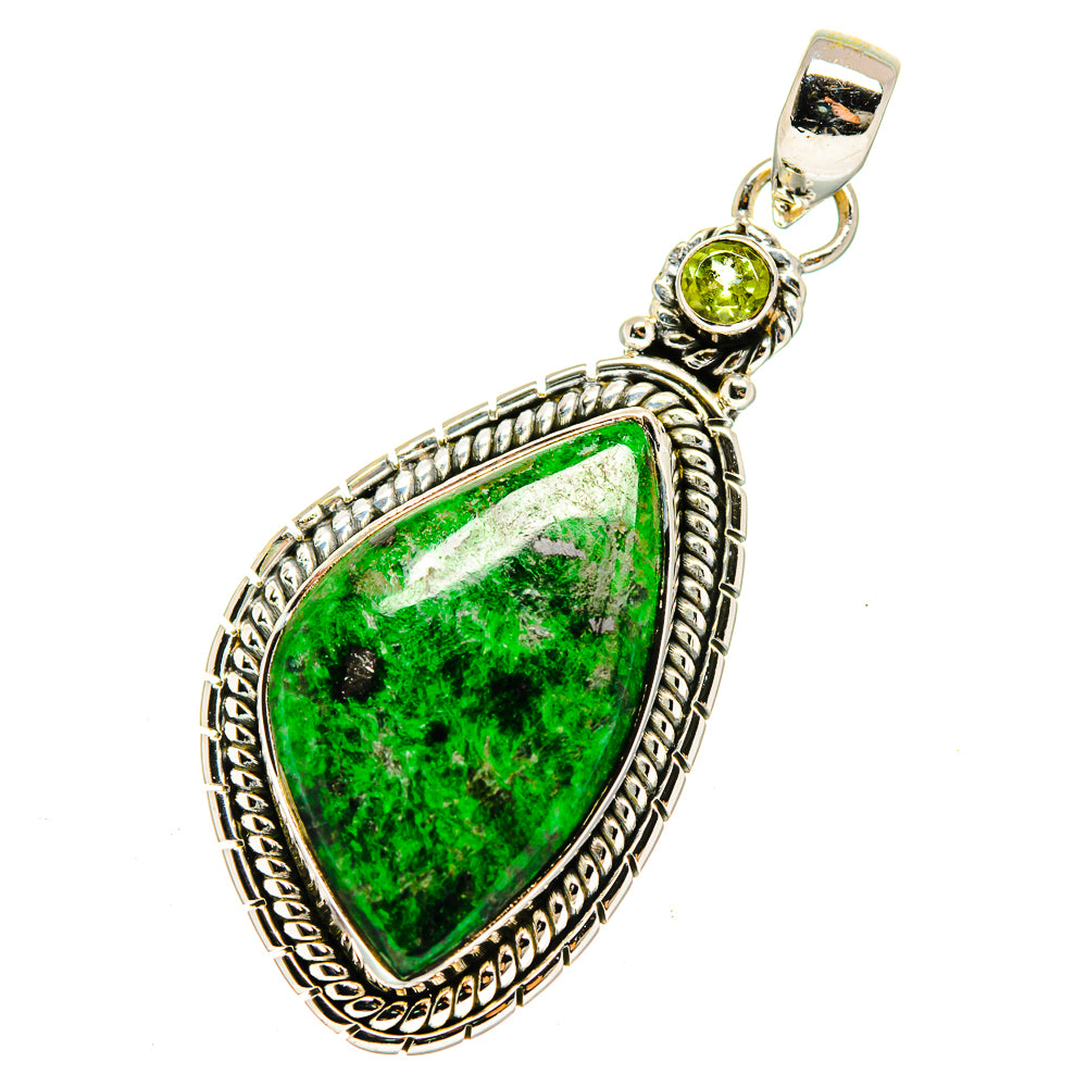 925 sterling silver pendant, large pear-shaped green stone with textured bezel