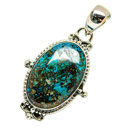 Shattuckite pendant, oval turquoise-and-brown stone in 925 sterling silver bezel
