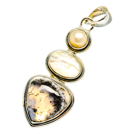 Tri-stone pendant with cultured pearl and two oval opal cabochons, sterling silver tone