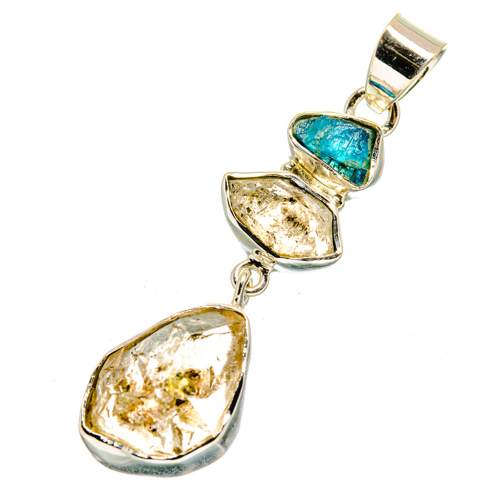 Sterling silver pendant with three gemstone drops: blue, golden, and clear facets