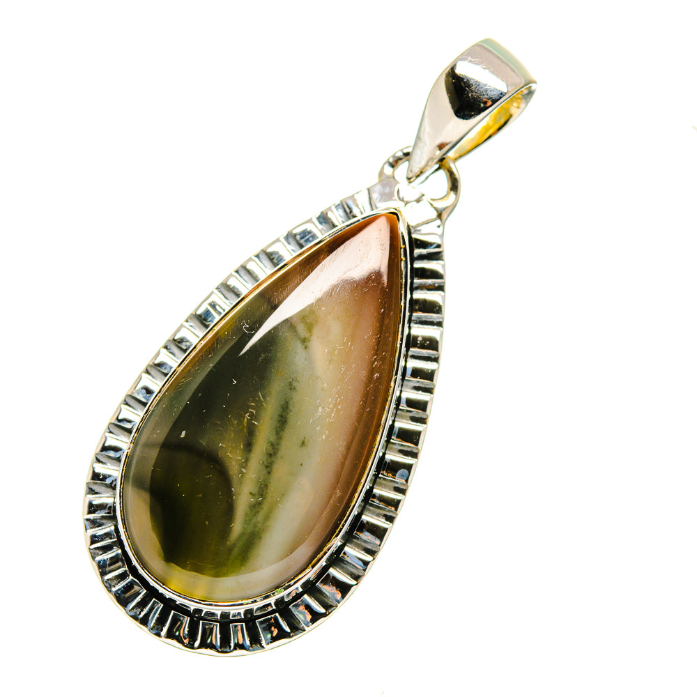 Teardrop jasper pendant with scalloped silver bezel and bail, green-gold stone