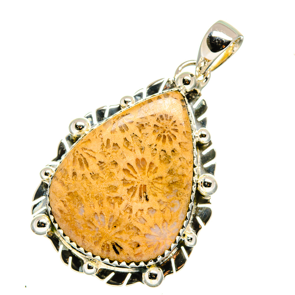 Amber coral teardrop pendant, 925 sterling silver frame with decorative side beads