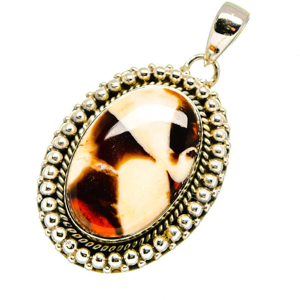 Oval peanut wood jasper pendant with beaded silver-tone frame and hinged bail