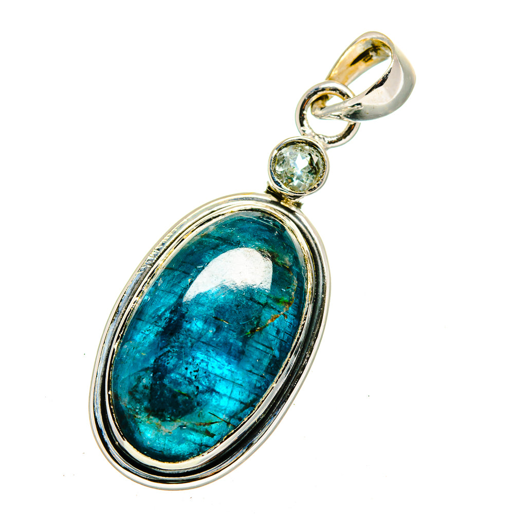 Sterling silver oval blue stone pendant, top loop with round greenish accent