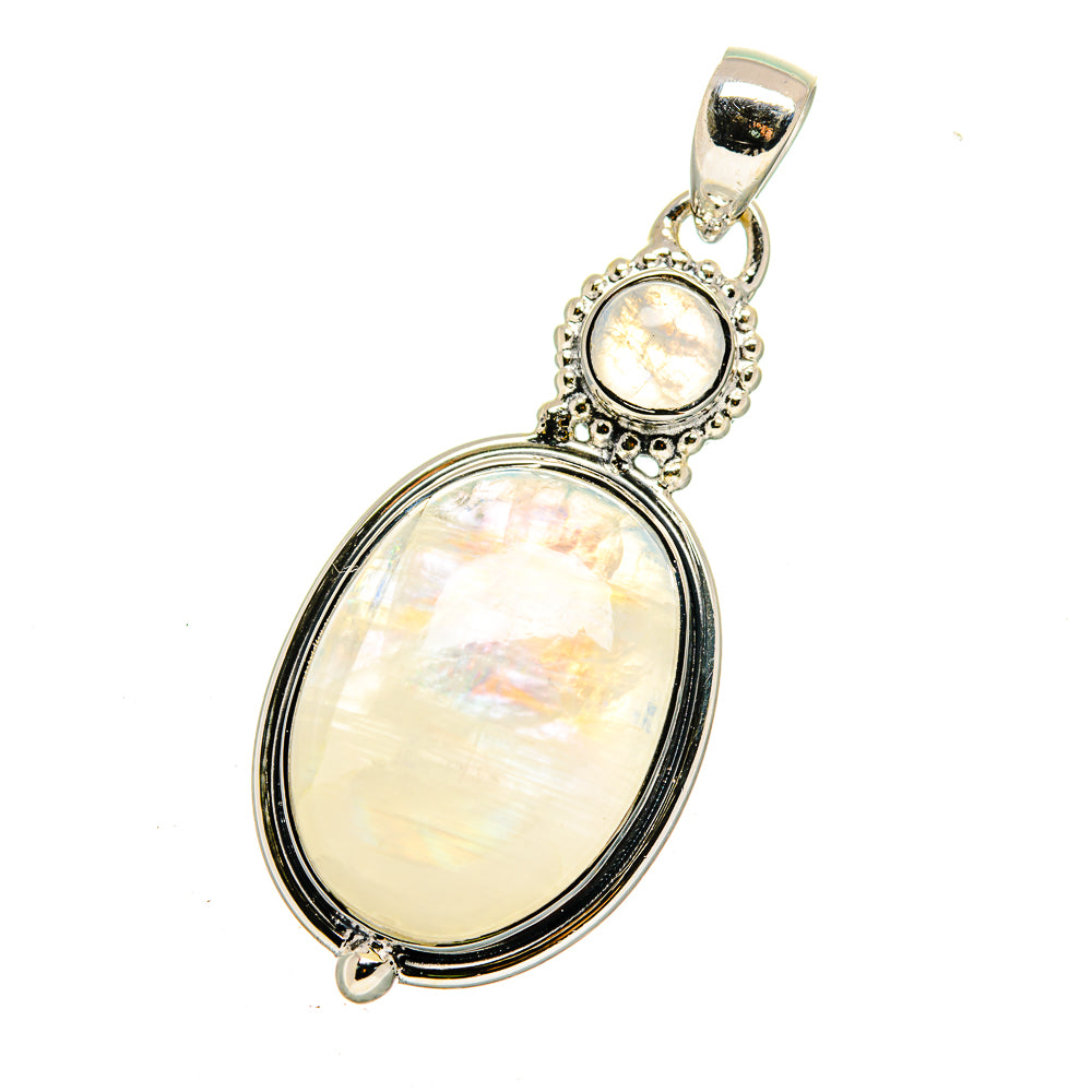 Oval and round moonstone pendant with filigree halo, blackened sterling silver bail