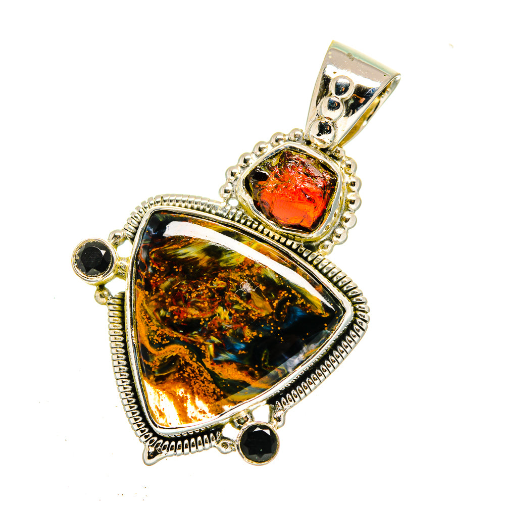 Sterling silver teardrop pendant with amber pietersite and black onyx accents