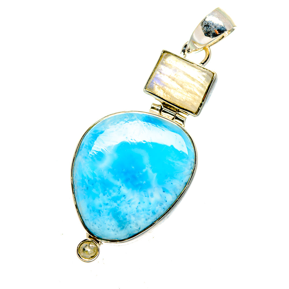 Sterling silver pendant with teardrop blue gemstone and small round stone drop