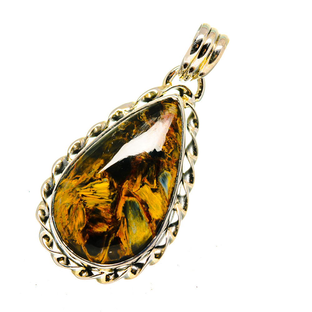 Pietersite stone pendant in teardrop setting, polished 925 sterling silver bail