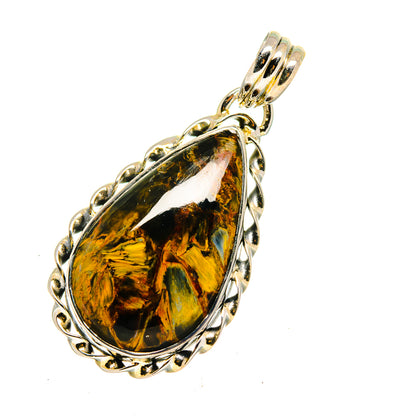 Pietersite stone pendant in teardrop setting, polished 925 sterling silver bail
