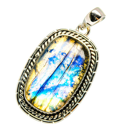 Oval labradorite pendant in sterling silver with blue-gold flash cabochon.