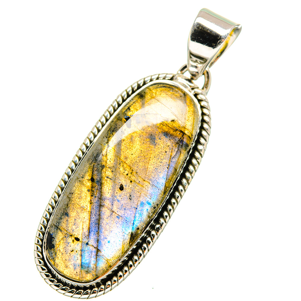 Oval labradorite pendant in 925 sterling silver bezel, blue-gold shimmer