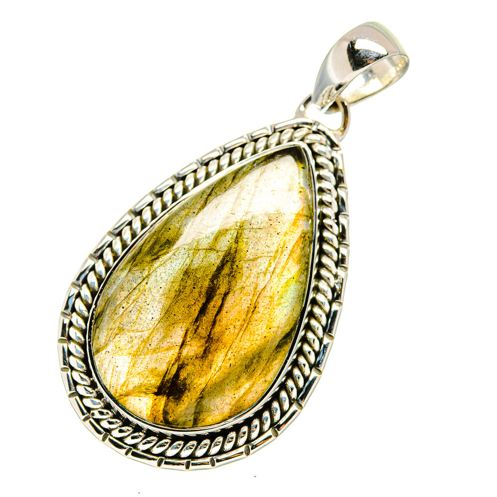 Labradorite pendant in 925 sterling silver teardrop bezel with yellow-gold stone