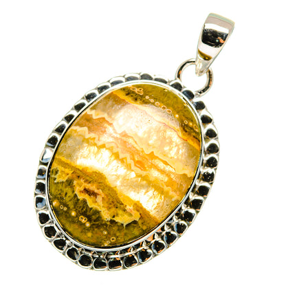 Sterling silver ocean jasper pendant with oval cabochon, yellow-green bands and bail