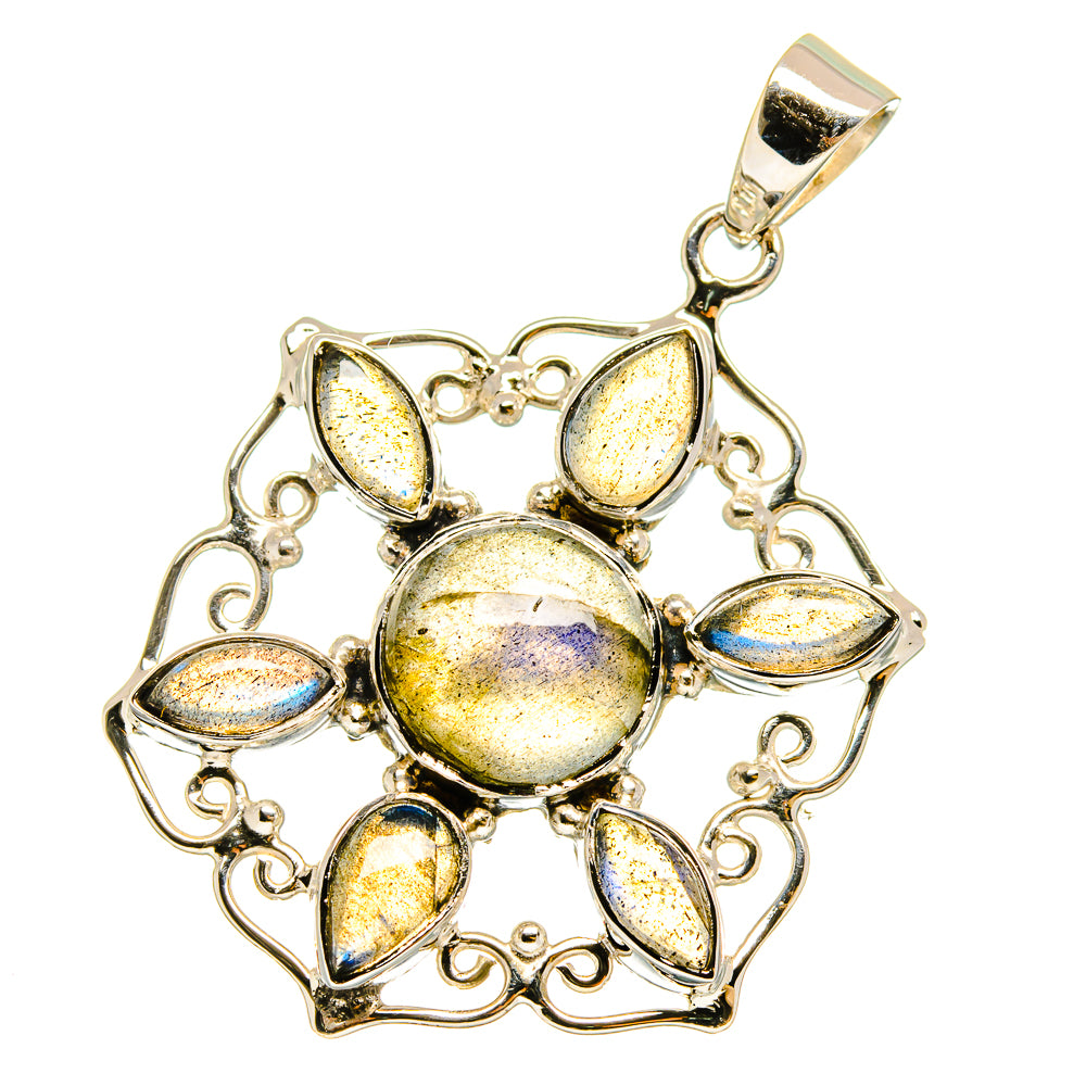 Sterling silver pendant with labradorite cabochons in ornate floral setting