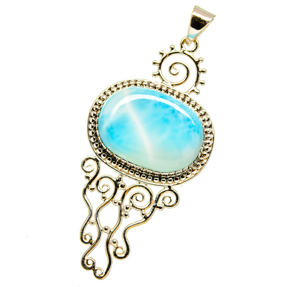 Sterling silver pendant with oval blue larimar stone and ornate filigree