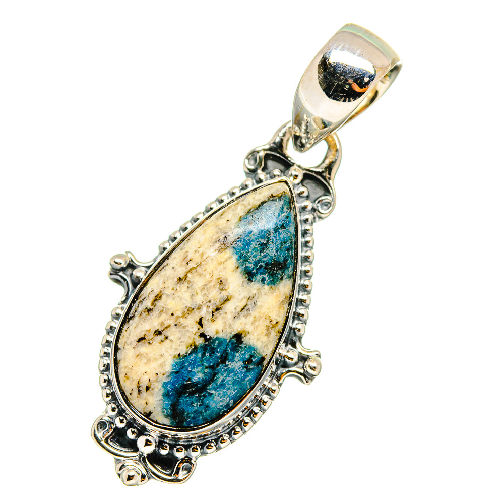 Sterling silver azurite pendant with teardrop stone and ornate bead border