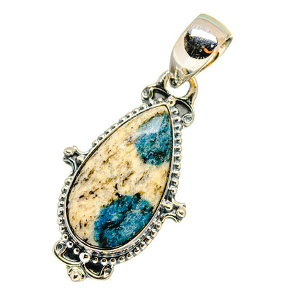 Sterling silver azurite pendant with teardrop stone and ornate bead border