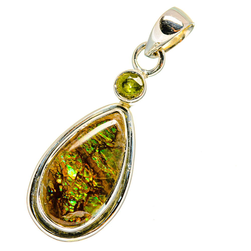 Teardrop ammolite pendant with round green peridot and silver bail