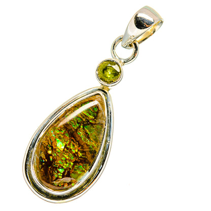 Teardrop ammolite pendant with round green peridot and silver bail