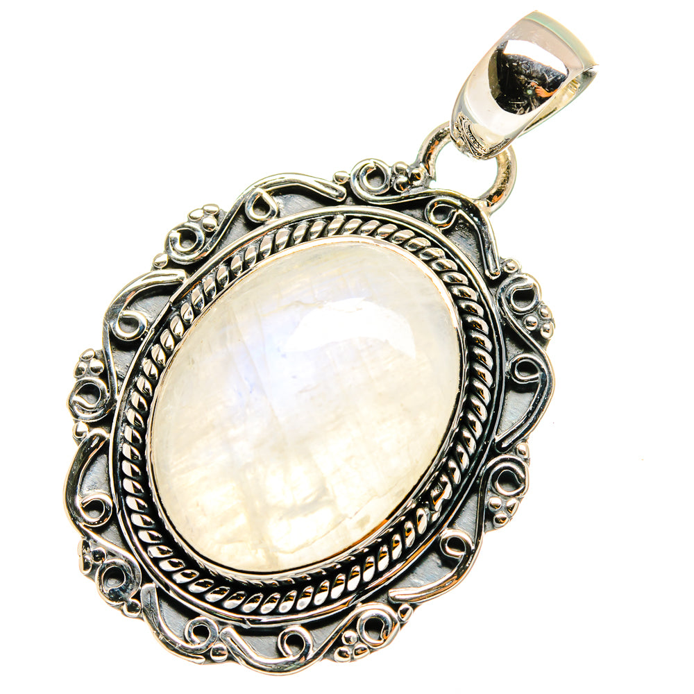 Silver moonstone pendant with oval cabochon, raised border, and decorative circular frame.