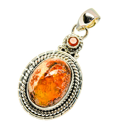 Oval orange fire opal pendant in 925 sterling silver with ornate bezel and bail