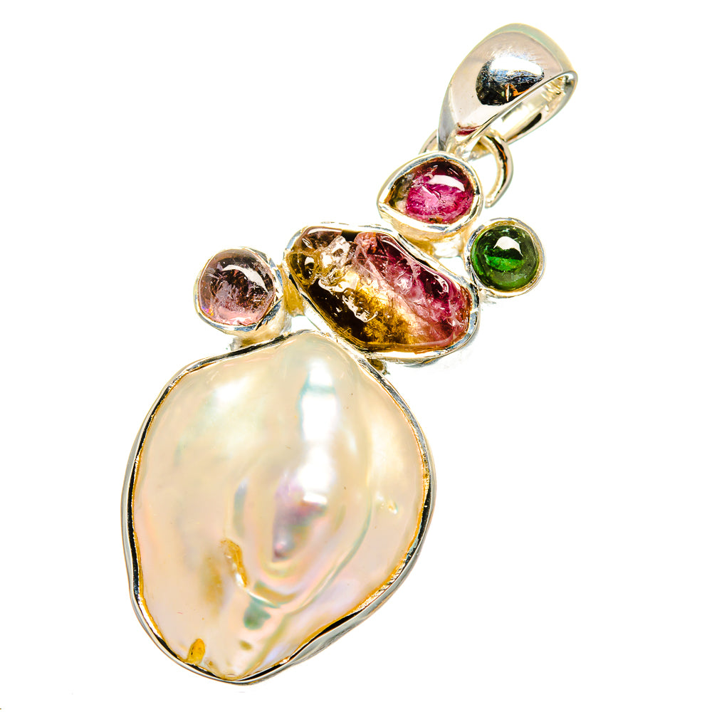 Teardrop mother-of-pearl pendant with round green and pink stones and tourmaline center