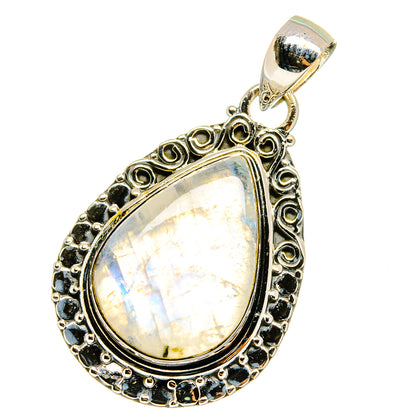 Teardrop moonstone pendant in silver with ornate beaded border and polished bail