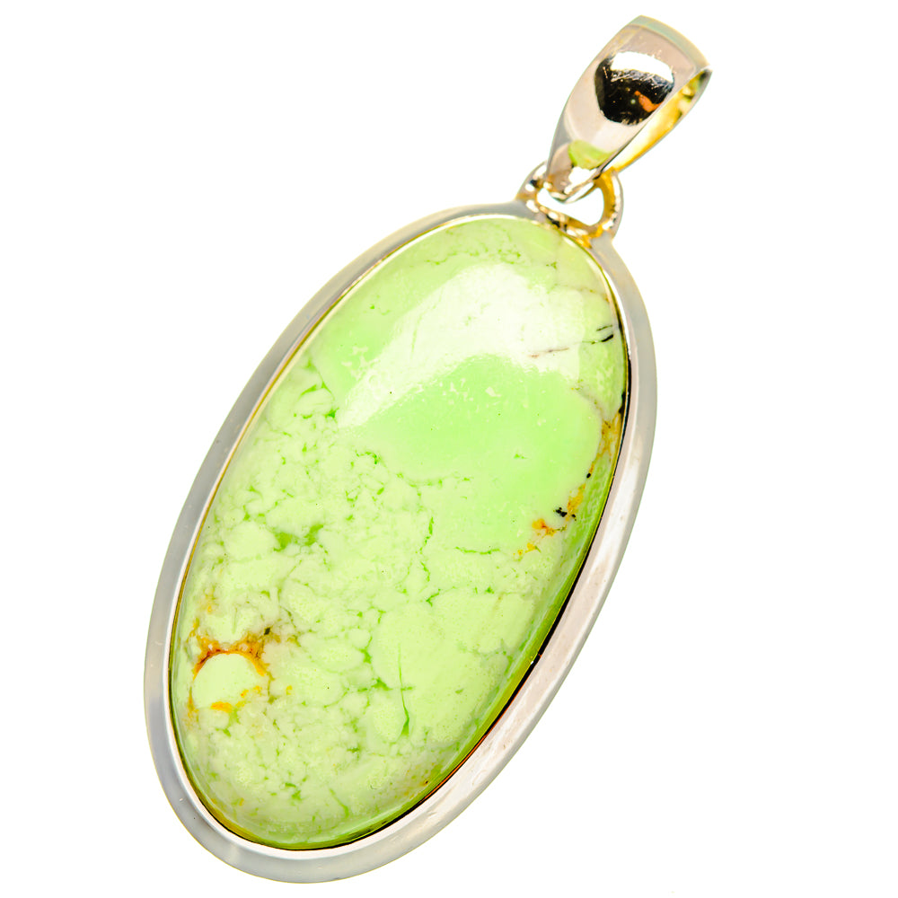 Oval lime-green chrysoprase pendant with silver rim and bail, hanging front