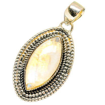 Moonstone pendant with teardrop cabochon and silver-tone beaded frame