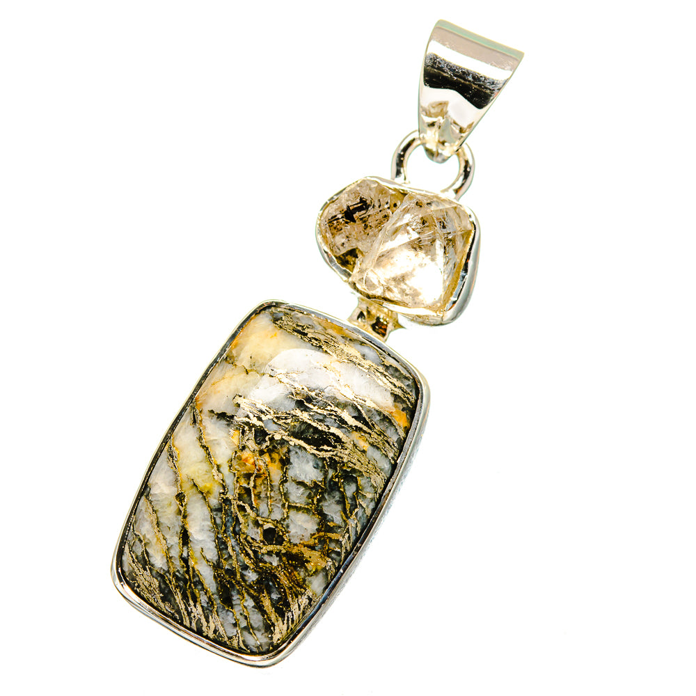 Sterling silver pendant with rectangular pyrite agate and faceted crystal cabochon top