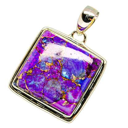 Square purple composite turquoise pendant with gold-tone bezel and silver bail