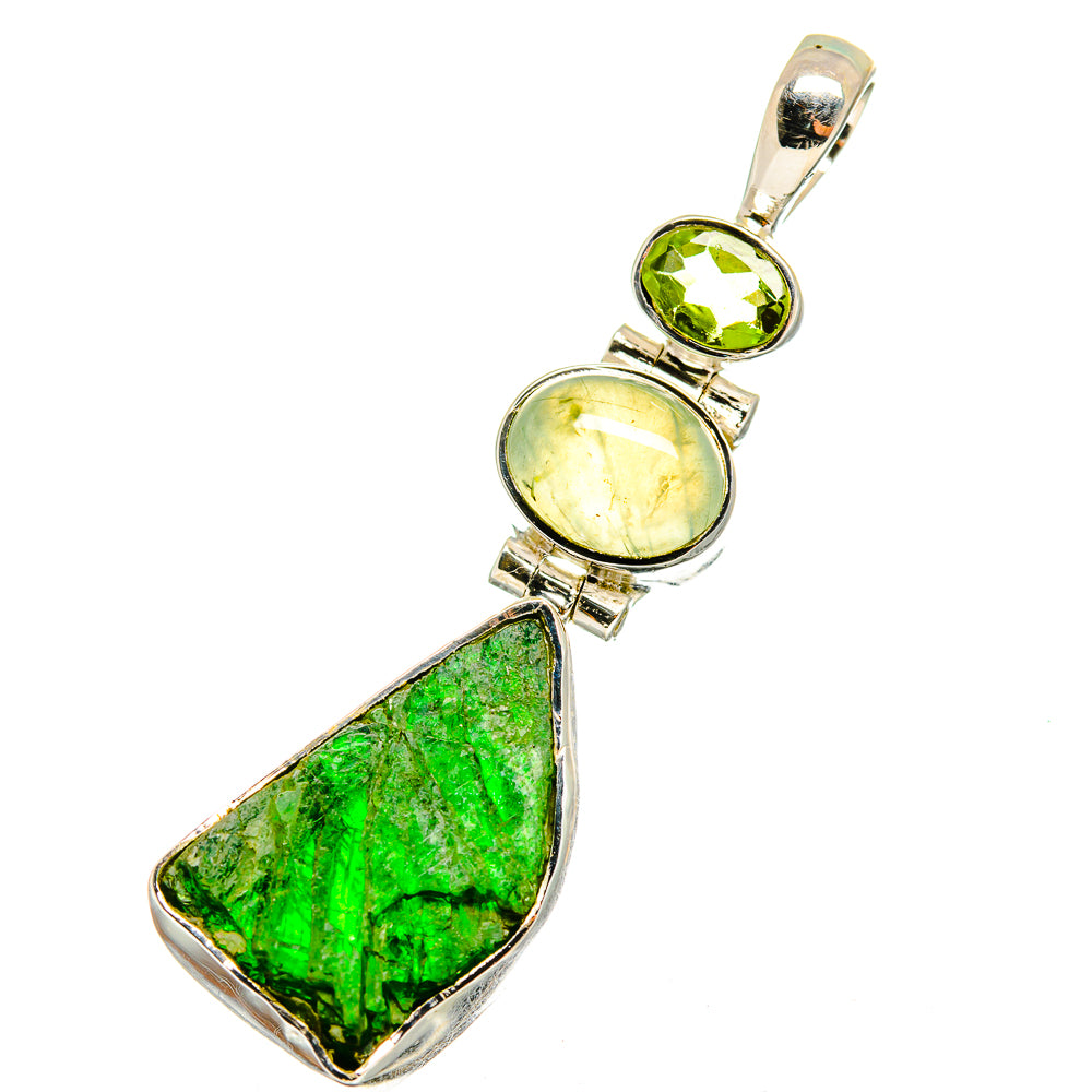 Sterling silver gemstone pendant with green round and teardrop stones, layered setting.