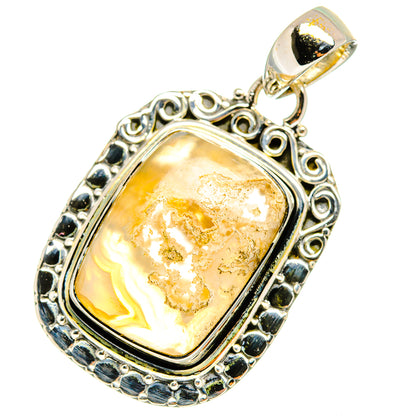 Lace agate pendant with goldtone cabochon, 925 sterling silver ornate bezel and loop bail.