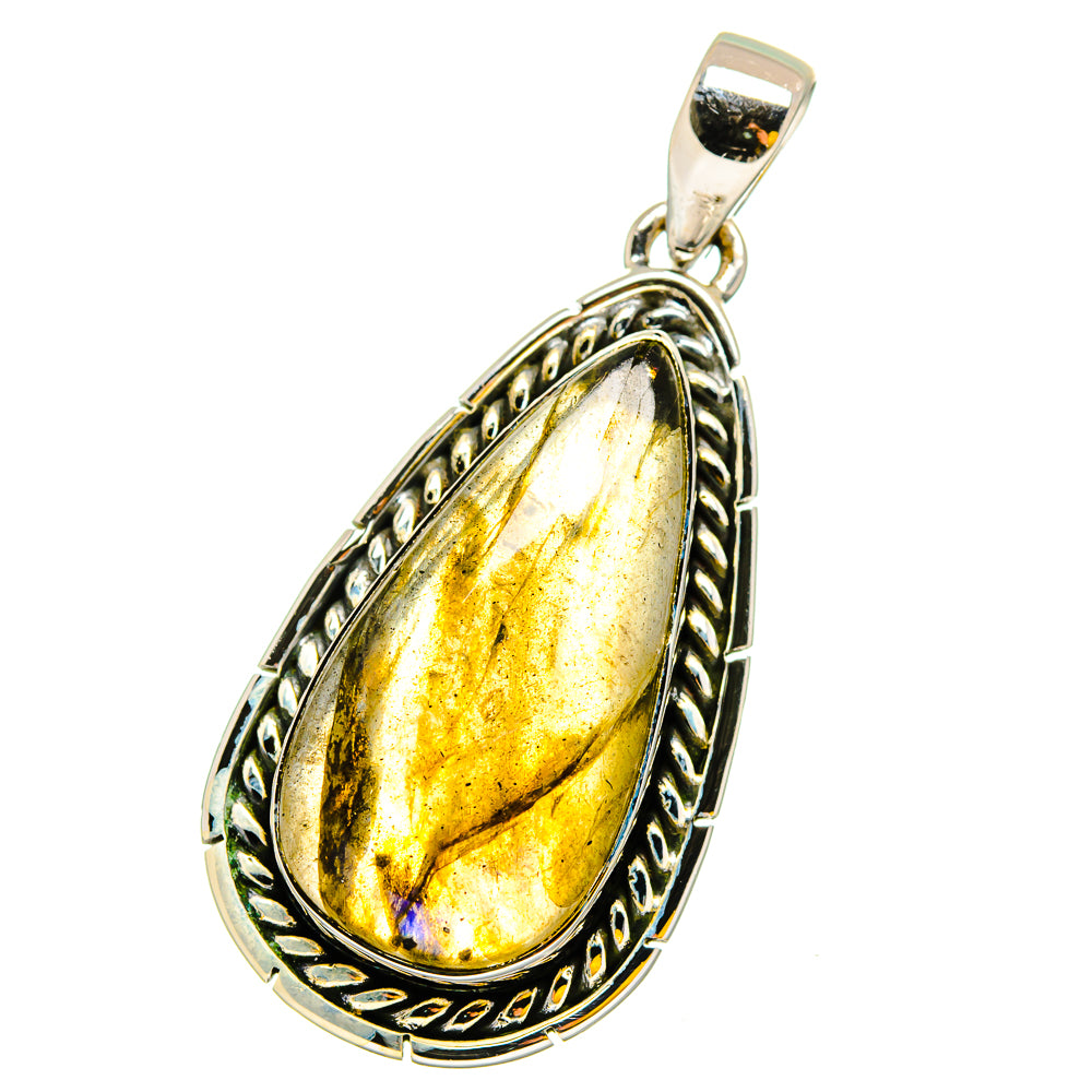 925 sterling silver labradorite teardrop pendant with yellow iridescent stone