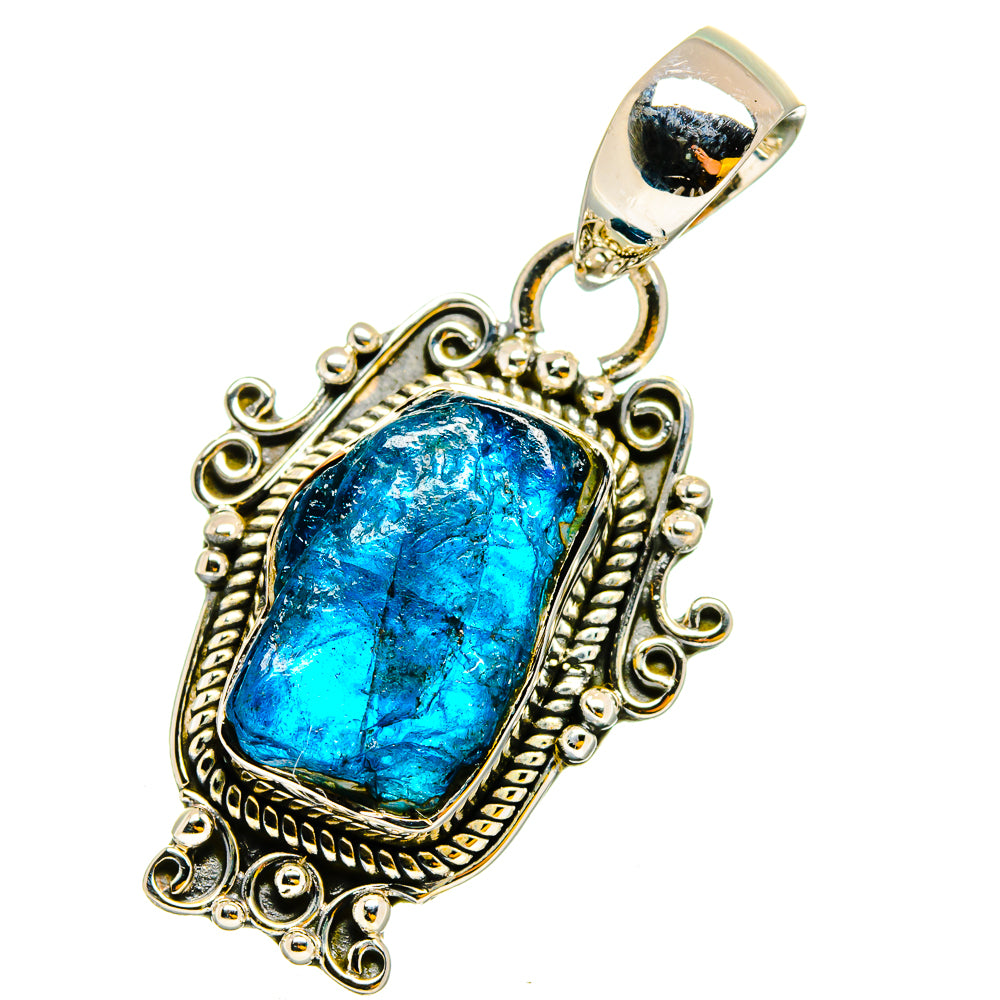Rough blue apatite pendant, ornate 925 sterling silver bezel and bail