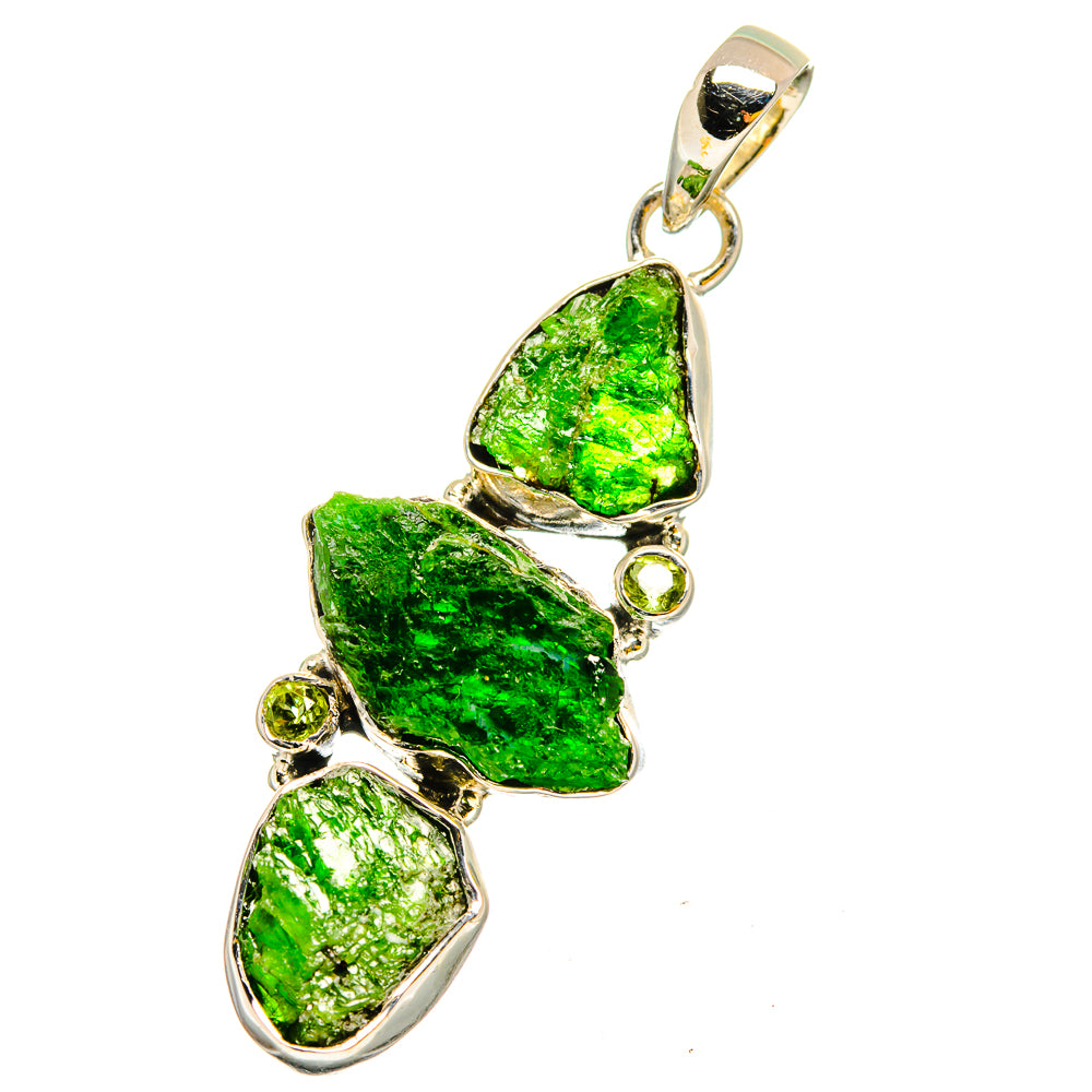 Green rough-stone pendant charm with small peridot stones and loop bail, 925 silver
