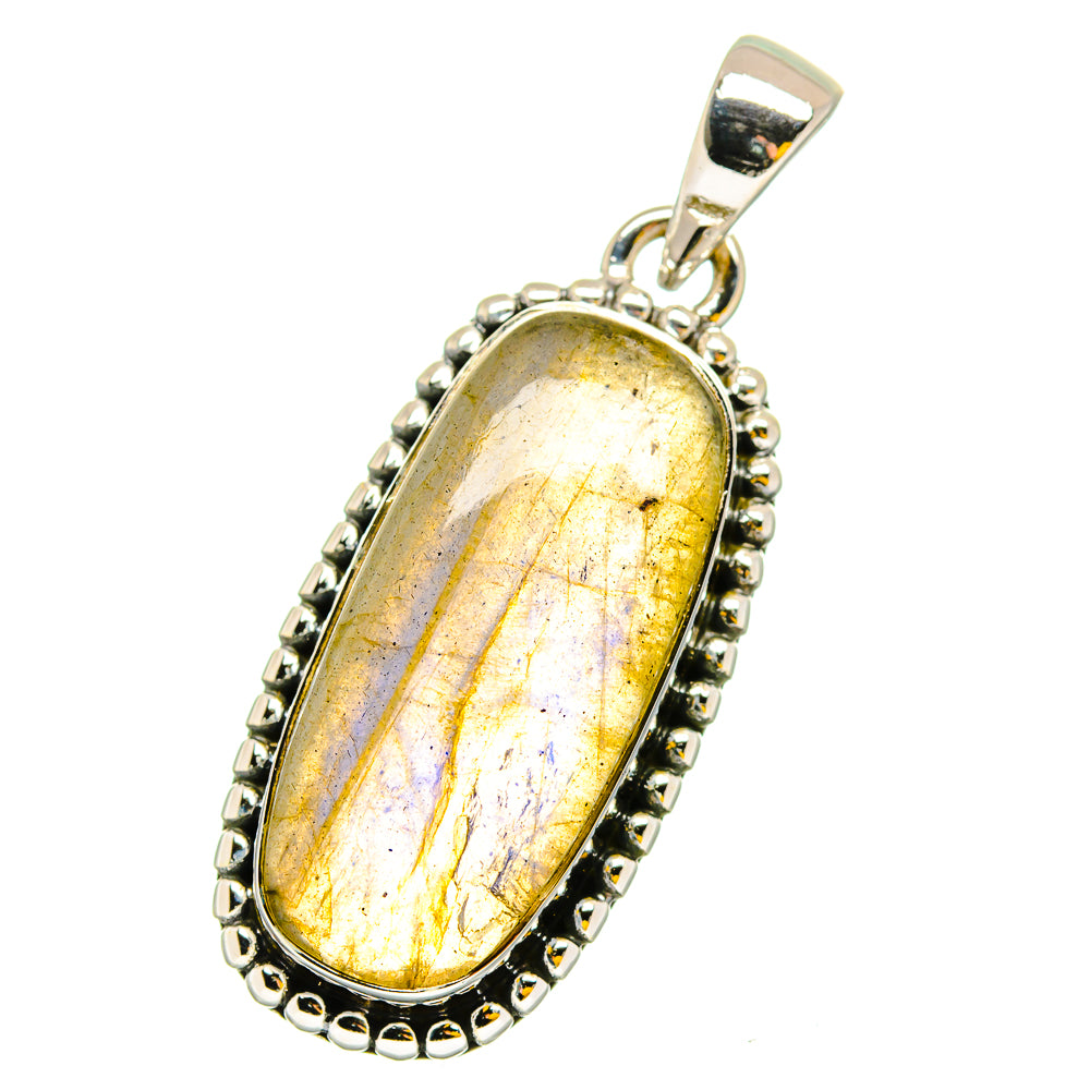 Oval labradorite pendant in sterling silver bezel with bead border, yellow-gold shimmer