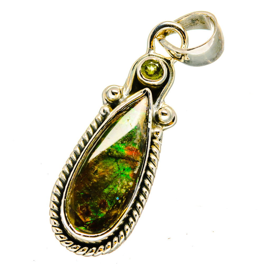 Teardrop ammolite pendant with round peridot in 925 silver setting