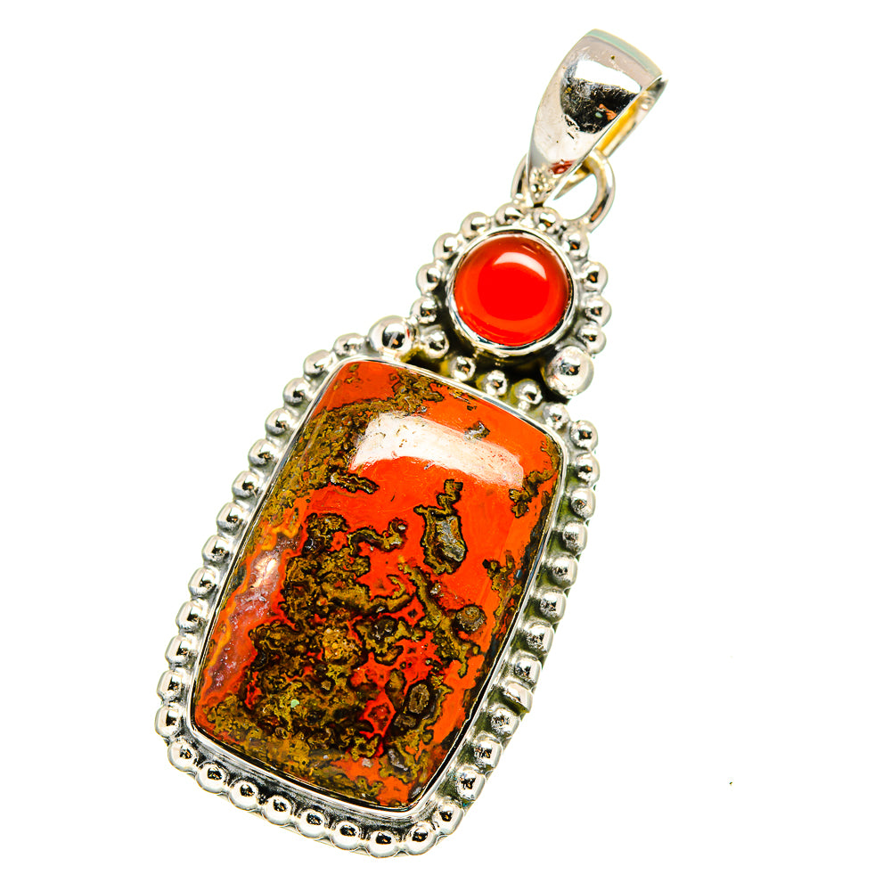 Sterling silver pendant with rectangular red and green stone, round red cabochon top