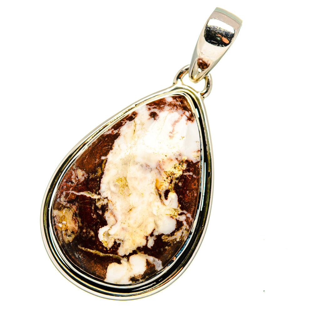 Teardrop jasper pendant with marbled white and brown stone, 925 silver bail