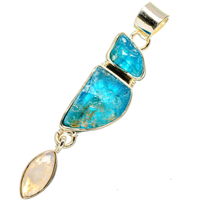 Silver pendant with blue rough stone and pale opalescent oval stone, hinged bail