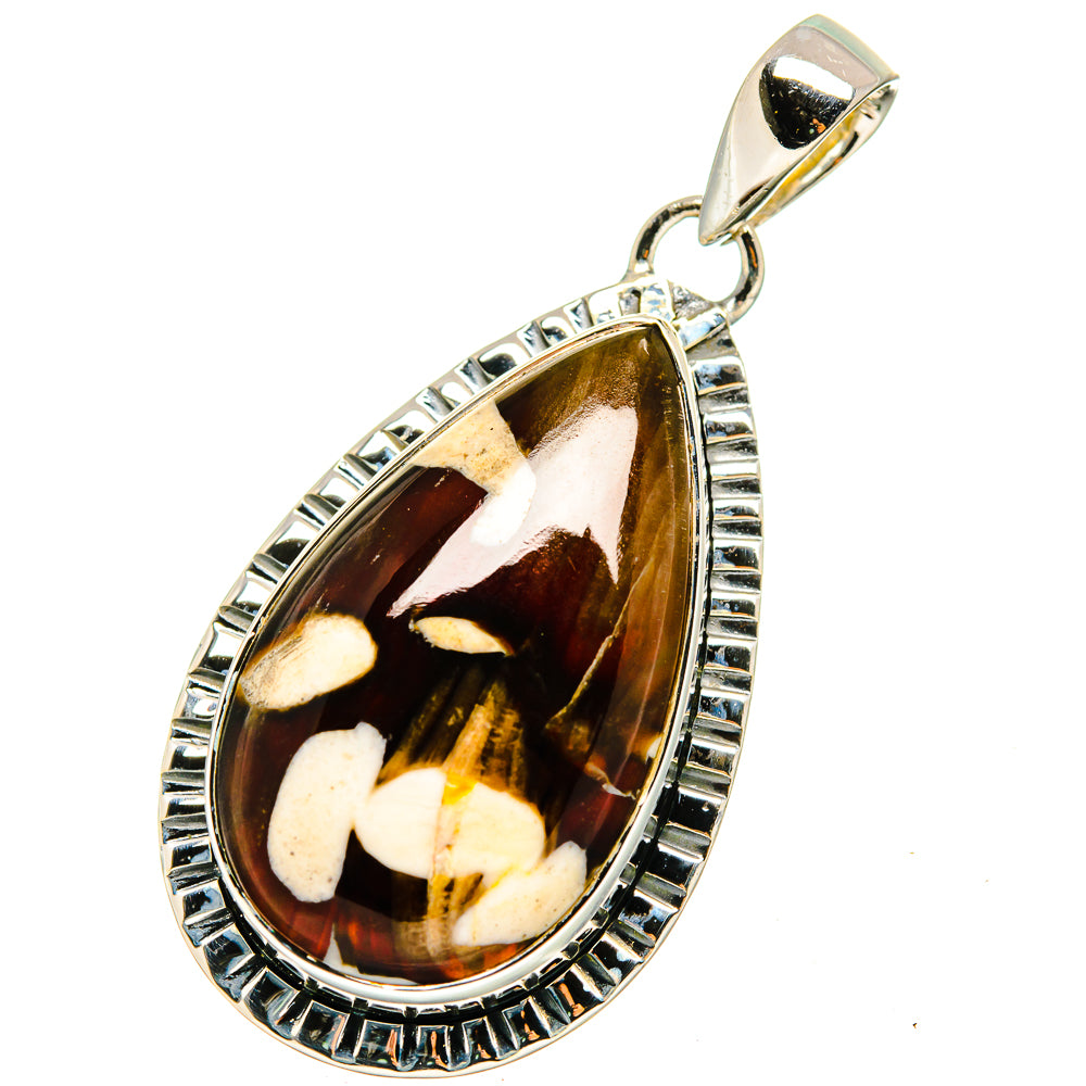 Teardrop wood jasper cabochon pendant with engraved sterling silver frame and loop