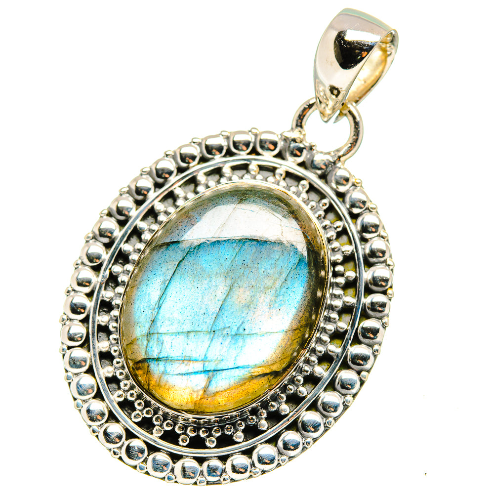 Oval labradorite pendant in sterling silver, beaded halo and bail