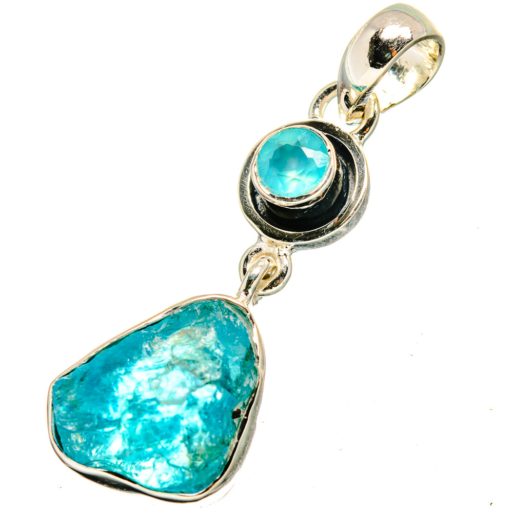 Teal rough apatite pendant with polished sterling silver bail and oval stone