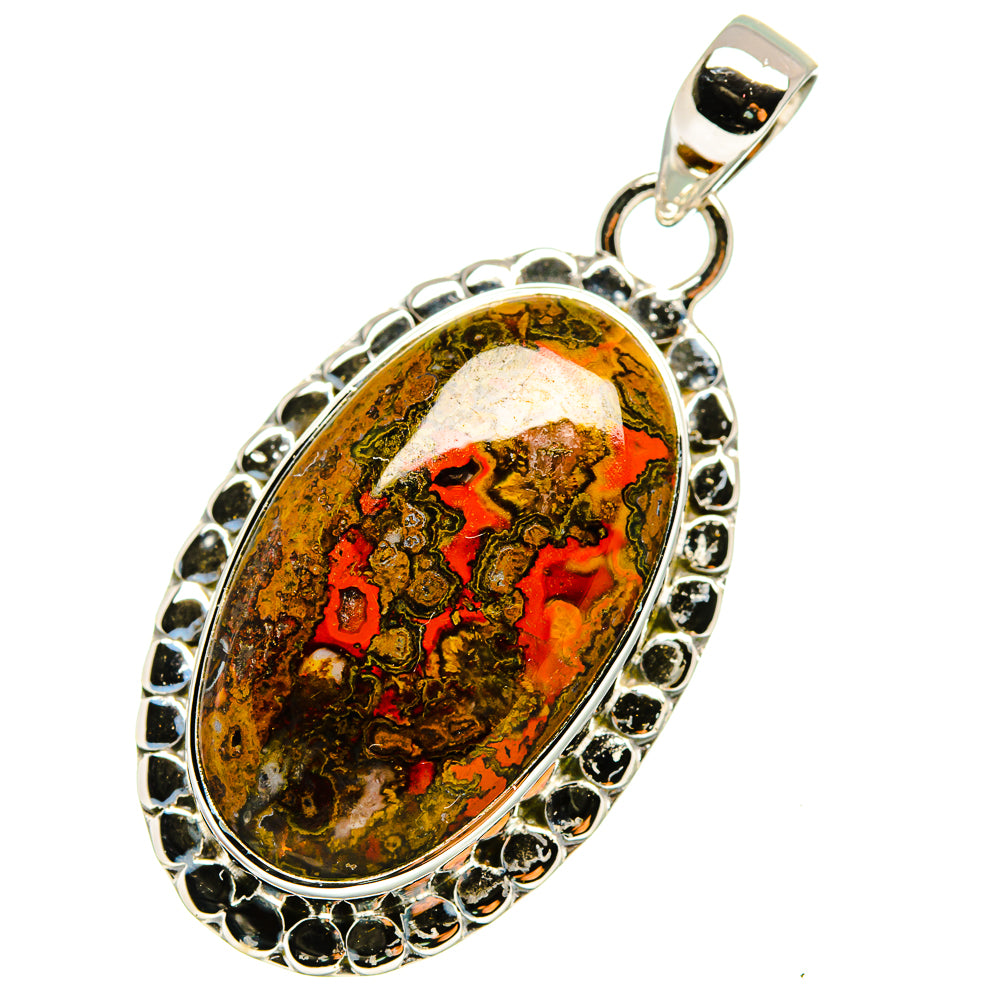 Oval sterling silver pendant with Moroccan agate, red and green patterned cabochon.