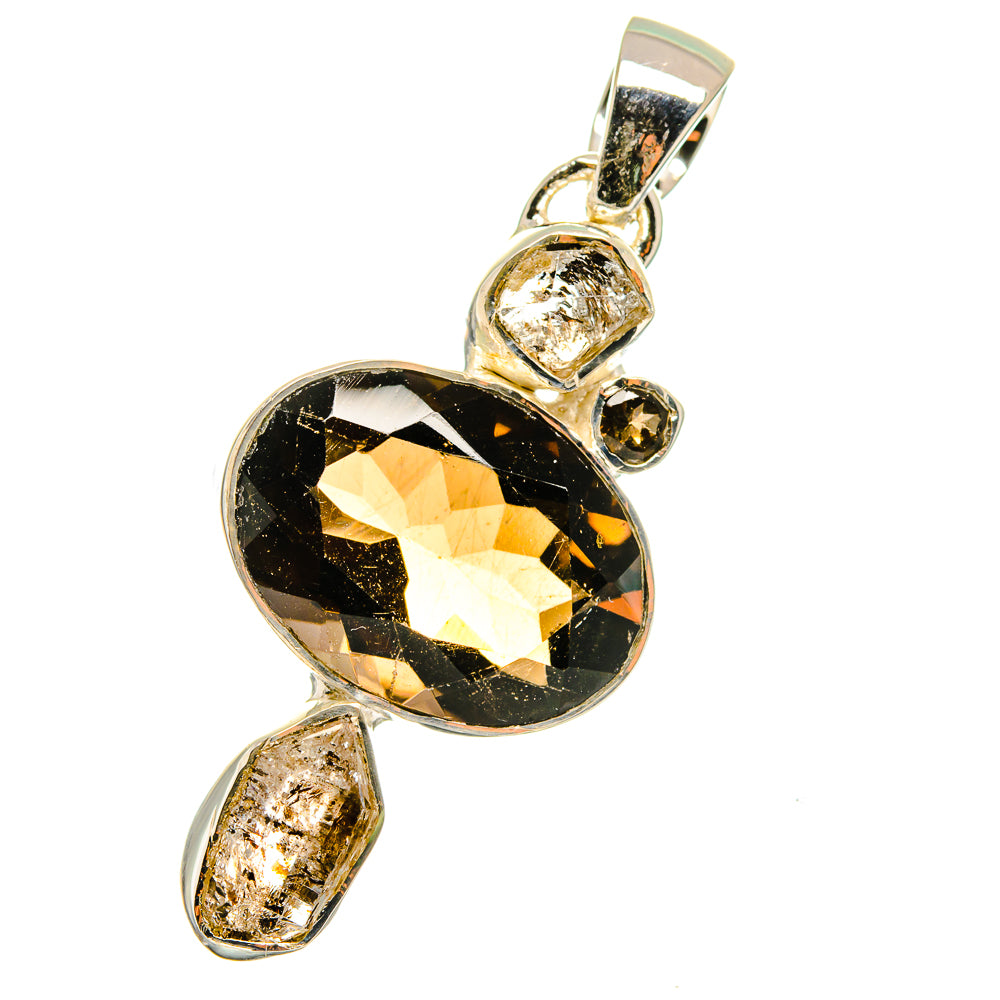 Smoky quartz pendant with rough crystal drops and 925 sterling silver bail, faceted oval center
