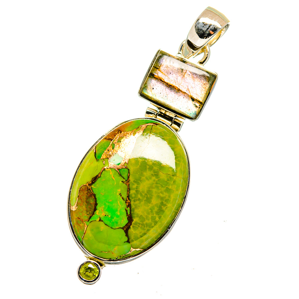 Green oval gemstone pendant with dangling small round bead and rectangular top bail, silver