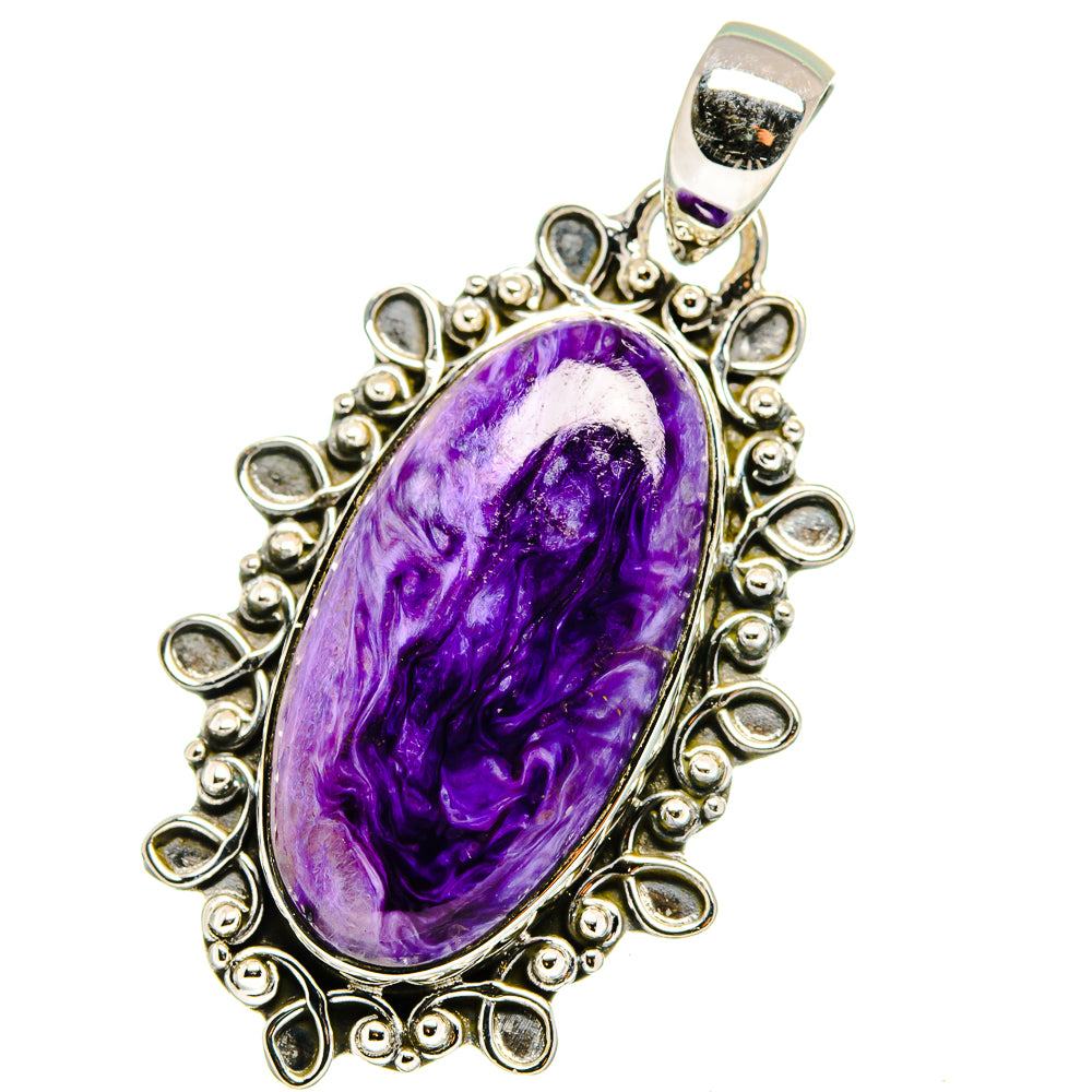 Charoite oval pendant with purple cabochon and raised 925 sterling silver scroll setting