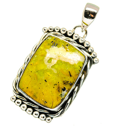 Green opal sterling silver pendant with rectangular cabochon and beaded bezel